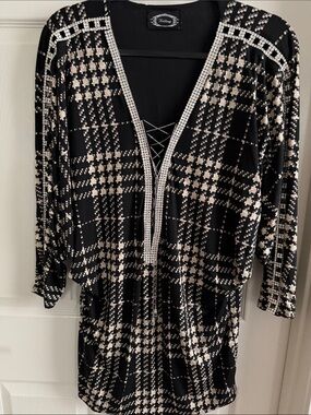Designer Dress from Las Vegas. Black and Cream Plaid Mini Dress with Rhinestone